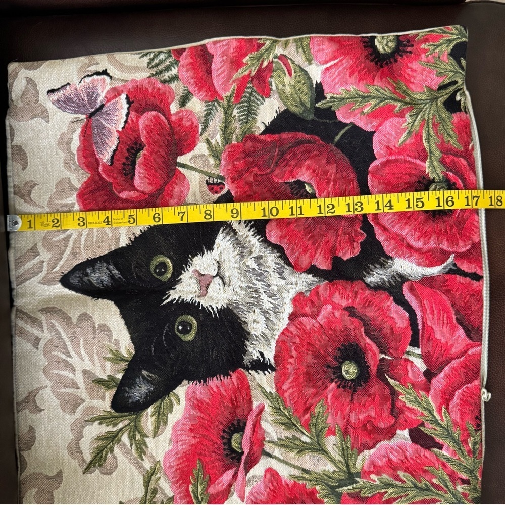 Black Cat & Poppies Jaquard Textile Throw Pillow Cover Case - Picture 7 of 7